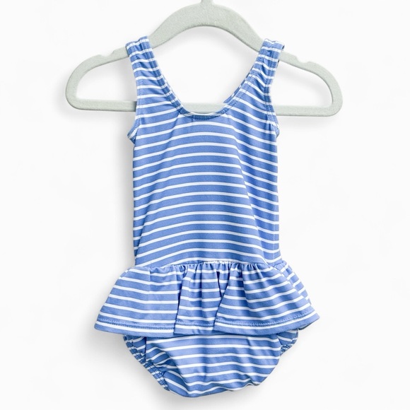 JoJo Maman Bebe Blue & White Striped Duck One-piece Swimsuit Baby Girls 6-12 Mos - Picture 3 of 13